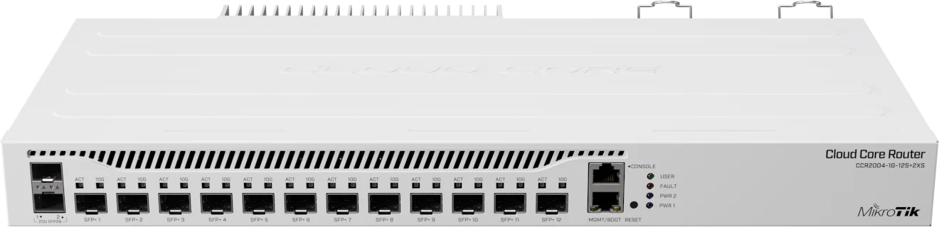 Front panel of the MikroTik CCR2004-1G-12S+2XS router showing two 25G SFP28 ports on the left, twelve 10G SFP+ ports in the center, and status LEDs with Cloud Core Router branding on the right.