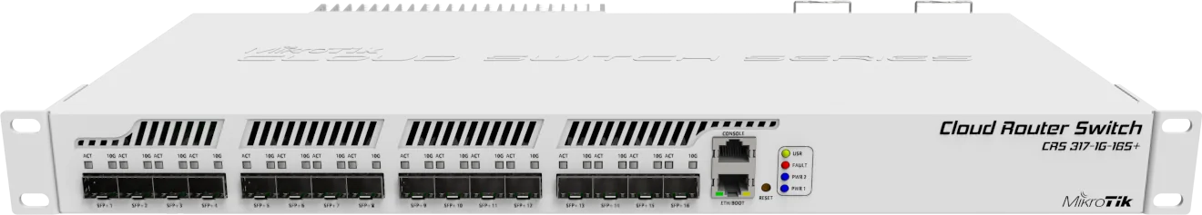 Front panel of the MikroTik CRS317-1G-16S+RM switch showing sixteen 10G SFP+ ports, one RJ45 management port, status LEDs, and Cloud Router Switch branding.