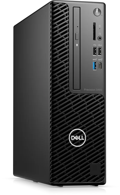 Dell Precision 3460 Small Form Factor workstation, a compact black tower with mesh ventilation, Dell logo, and front panel I/O ports including USB and audio.